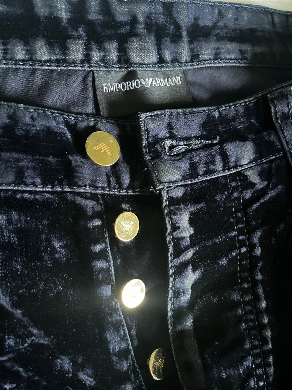 Emporio Armani Black Navy crushed velvet finish Jeans.
